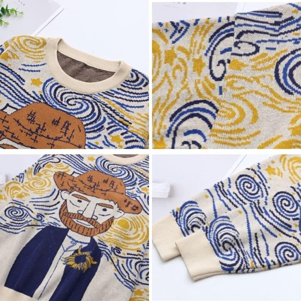 Women's Knit Crew Neck Sweater Long Sleeve Casual Van Gogh Cartoon Pullover - Picture 3 of 4